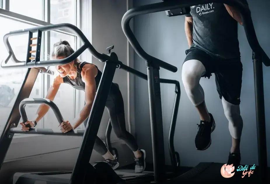 Imagem de duas pessoas se exercitando em equipamentos de ginástica, uma mulher usando um aparelho de push e um homem correndo em uma esteira, ambos em um ambiente de academia.